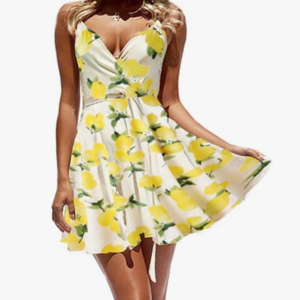 Women's Summer V Neck Mini Lemon Dress